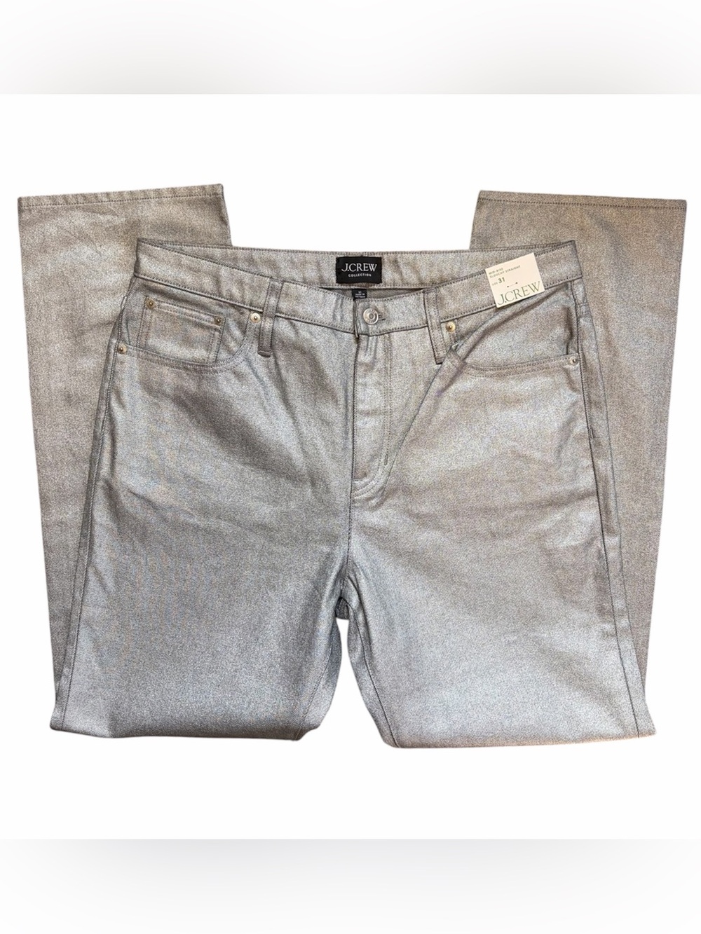 J.Crew Mid-Rise Slouchy Straight Silver Metallic Jeans NWT